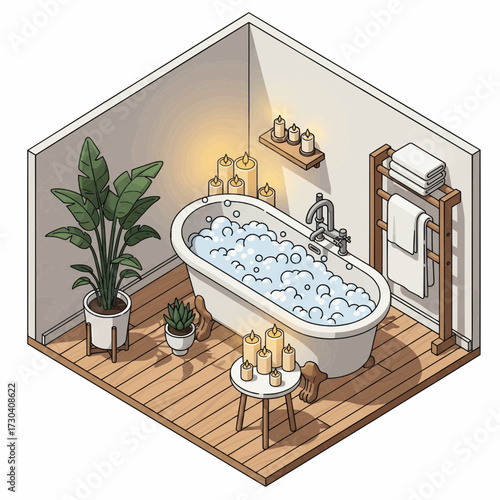 A serene bathroom scene with a bathtub filled with bubbles surrounded by candles and plants on a wooden floor.