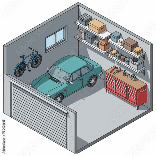A cluttered garage interior with a teal car and bicycle parked beside a red toolbox and shelves filled with boxes and equipment.