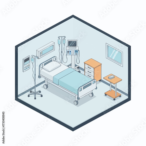 A hospital room with a bed and medical equipment is shown in a clean and organized environment from an isometric viewpoint.