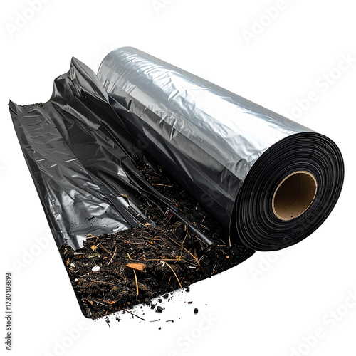 Roll of Black and Silver Agricultural Mulch Film Unrolled Over Moist Dark Soil for Gardening
