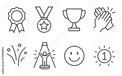 Achievement icons: medal, trophy, applause, celebration, award
