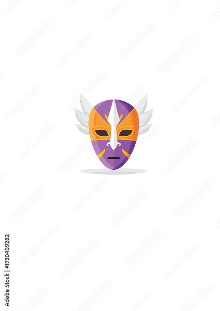 Fototapeta premium Vibrant Abstract Mask Design with Stylized Wings, Featuring Bold Purple, Orange, and White Hues, Evoking Theatricality, Cultural Mysticism, and Enigmatic Performance Art Concepts