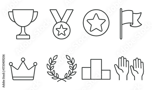 Outline icons: trophy, medal, star, flag, crown, laurel, podium, hands