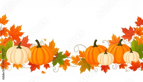 Autumn leaves and pumpkins separator border for Fall and Thanksgiving season. isolated on white background. Festive autumn foliage divider for harvest and october celebration. decorative