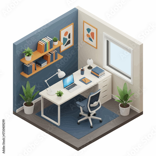 A well-organized home office with a desk, chair, laptop, and plants in a cozy corner room