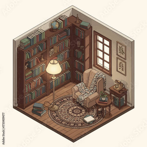 An isometric view of a cozy reading nook with a chair, lamp, and bookshelves in a quiet room