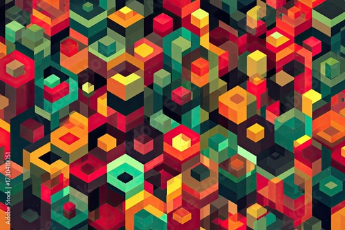Vibrant, geometric pattern of interlocking cubes and hexagons in bold colors