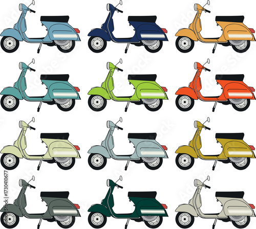 Collection of colorful vintage-style scooters in various pastel and vibrant hues, presented in a grid layout for visual appeal