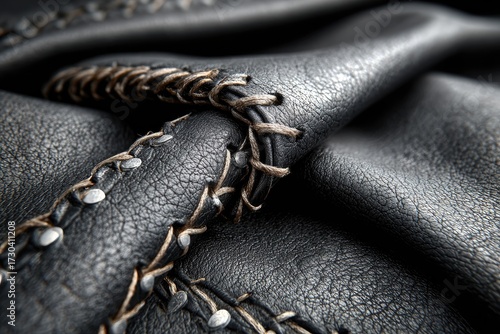 Close-up of dark leather with intricate stitching and accents