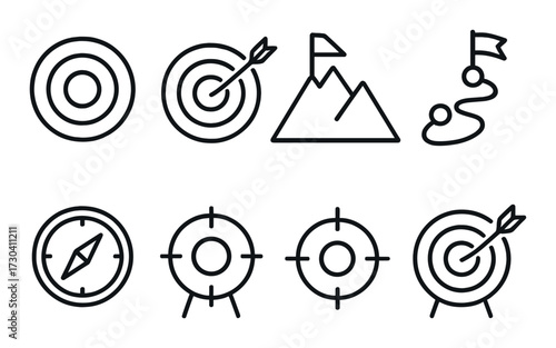 Set of minimalist line icons for target, mountain, path, compass, and bullseye themes