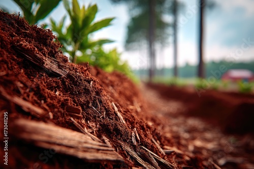 Close-up of reddish-brown mulch bed, plants in background