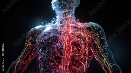 Illustration of human body showcasing intricate vascular system with glowing veins and arteries in vibrant colors.