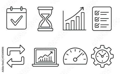 Icons: calendar, hourglass, graphs, checklist, sync, laptop, speedometer, gear on gray background