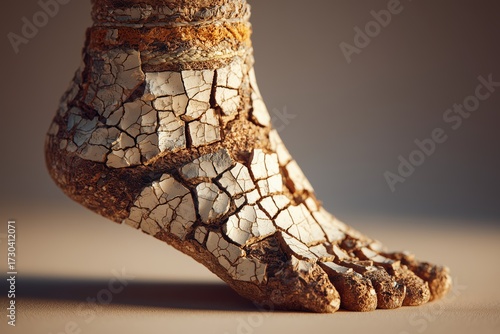 Textured Human Foot Covered in Cracks and Soil Against Warm Gray Background