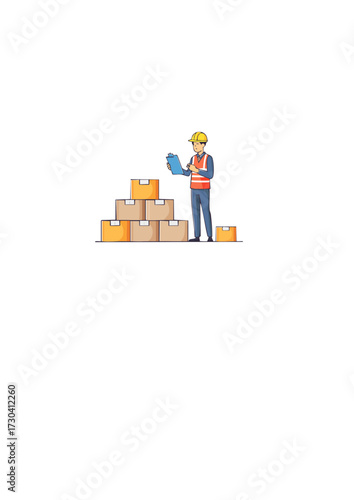 Diligent warehouse professional managing inventory and logistics operations with a clipboard beside stacked cardboard boxes, illustrating efficient stock control and supply chain management