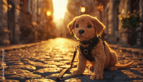 Fototapeta Naklejka Na Ścianę i Meble -  a charming golden retriever puppy with large expressive eyes sits patiently on a cobblestone street bathed in the warm glow of a setting sun while wearing a small black harness and leash.