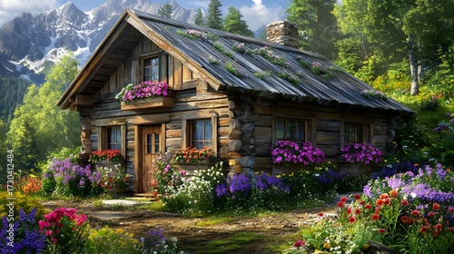 A rustic cabin with flower boxes under the windows surrounded by wild blooms 
