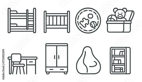 Outline of children's furniture and toys including bunk bed, crib, and toy box