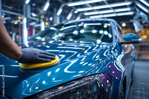 A professional detailer carefully waxing a shiny blue car to achieve a flawless finish, ensuring ultimate protection and enhancing its luxurious appearance.