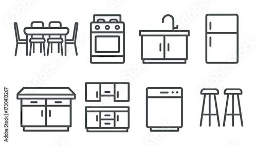 Outlined kitchen furniture and appliances on gray background