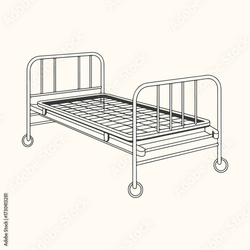 Vector art of a simple line drawing illustration of a vintage hospital bed with wheels, isolated on a light cream background, evoking a sense of history and medical care