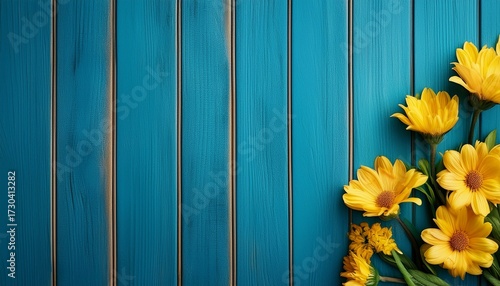 yellow flowers on blue wooden background minimalist photography backdrop