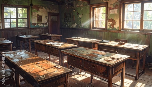 An abandoned classroom with worn wooden desks and peeling walls—sunlight streaming through dusty windows. A metaphor for memory and the choreography of silence through educational decay and temporal s
