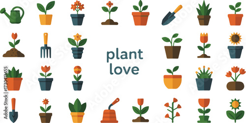 Vector art of collection of potted plants and gardening tools