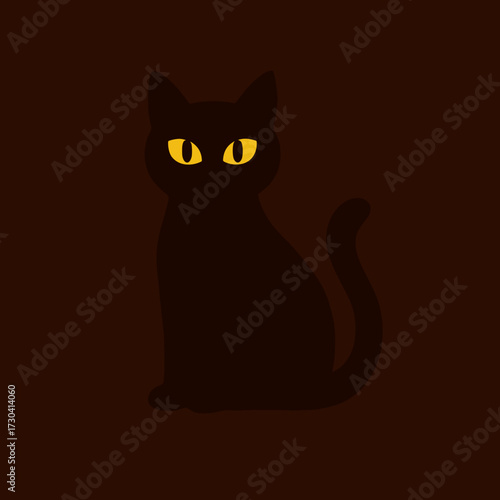 Silhouette of a black cat with glowing yellow eyes against a dark background