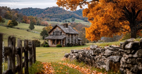 Autumnal farmhouse nestled in a valley, framed by fall foliage and stone walls