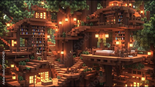 Cozy fantasy interior of wooden treehouse glowing with lanterns and warm light, surrounded by greenery. Dreamy magical retreat concept

