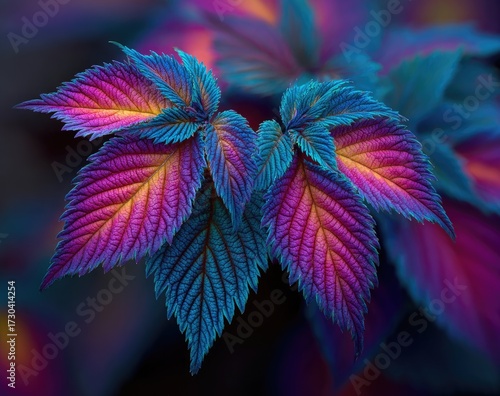 Vibrant, colorful leaves in deep purples, pinks, and blues. Close-up