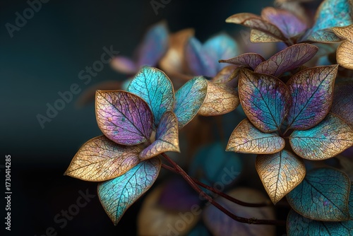 Close-up of vibrant, painted hydrangea leaves