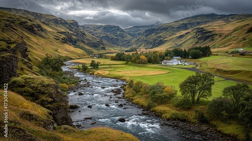 Icelandic valley, river, and farm