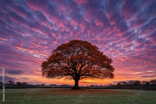 Majestic oak at dawn, vibrant sky