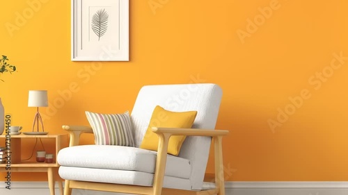 A vibrant living room scene with a calming color palette, featuring a mustard yellow accent and warm wooden furniture.