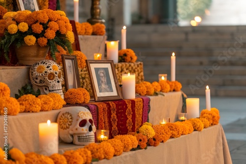 Day of the Dead Altar with Marigolds and Candles in Warm Light