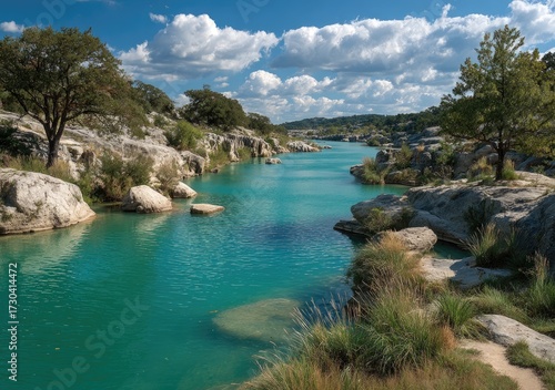Turquoise river winds through rocky landscape under a partly cloudy sky