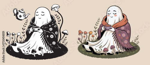 Cozy Ghost Drinking Tea Vector Illustration with Mushrooms and Blanket, Cute Autumn Halloween Spirit Artwork, Spooky but Wholesome Ghost Character for Stickers, Posters, and Greeting Cards