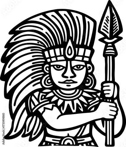 Aztec warrior illustration with feathered headdress and spear in hand, bold tribal black line art