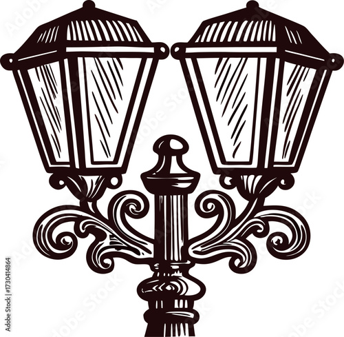 Vintage ornate double street lamp hand drawn illustration of classic retro lantern with decorative metalwork details
