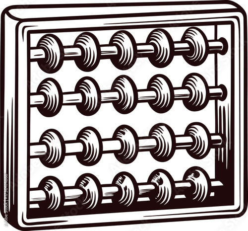Hand drawn vintage wooden abacus illustration with rows of counting beads in engraved retro