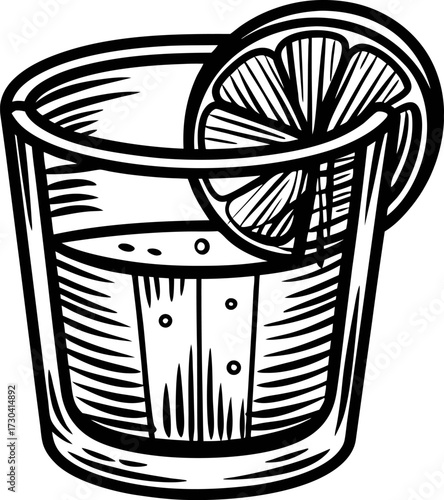 Vintage engraved illustration of a glass with lemon slice and beverage in black and white