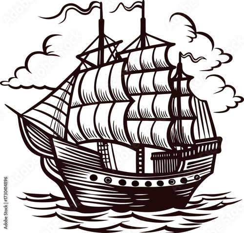 Vintage engraved illustration of an old wooden sailing ship with billowing sails on the waves