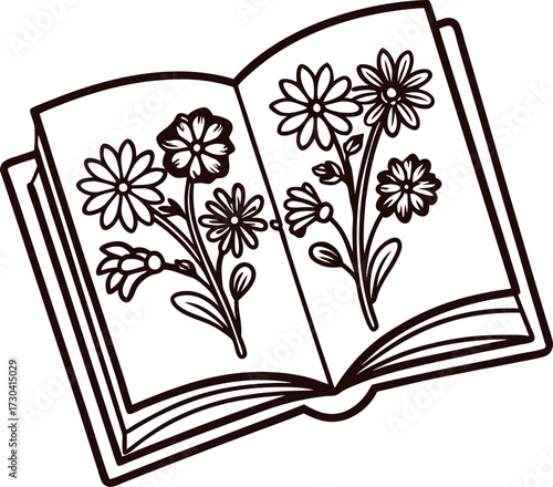 Open botanical sketchbook with hand drawn wildflowers and leaves, black and white vintage illustration