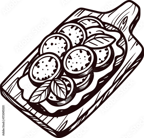 Hand drawn sketch of sliced bread with tomatoes and basil on rustic wooden cutting board