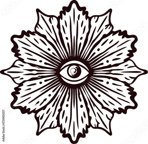 Intricate symmetrical flower with central eye motif in vintage black line art illustration