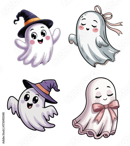 Cute Cartoon Ghosts Vector Illustration with Witch Hat and Ribbon, Adorable Kawaii Halloween Spirit Characters, Spooky but Sweet Ghost Artwork for Stickers, Cards, Posters and T-Shirts