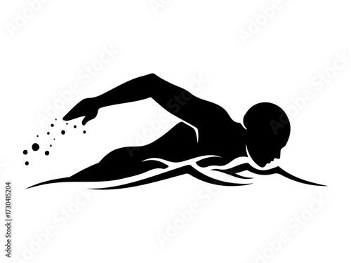 Stylized freestyle swimmer, dynamic sports vector logo with water splashes