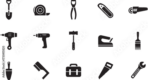 Vector art of collection of various tools in a grid